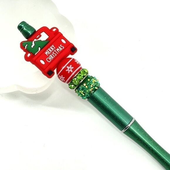 Merry Christmas pickup truck tree handmade pen NEW beads green red - Picture 5 of 6